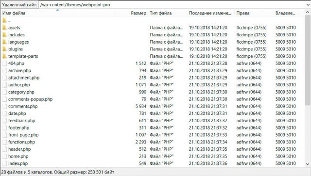 Файлы темы WebPoint PRO в FileZilla